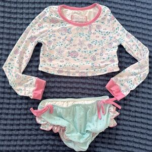 SweetHoney rash guard two piece swimsuit, pink and mint ocean fish